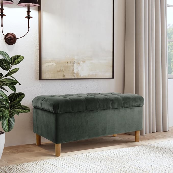 HomePop 40" Ainsley Button Tufted Storage Bench - Loden Green Velvet