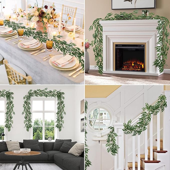 RECUTMS 4Pcs Artificial Willow Leaves Vine Twigs 5.7Ft Silk Willows Leaf Ivy Garland Faux Greenery Ivy Plant Decor for Indoor Outdoor Wedding Jungle Beach Birthday Party Garden Table Spring Summer
