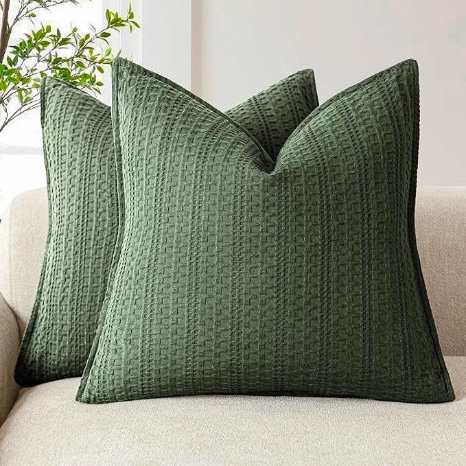 Foindtower Set of 2 Decorative Cotton Waffle Weave Throw Pillow Covers Euro Shams Cushion Covers Accent European Pillowcase for Bed Couch Sofa Bedroom Living Room Home Decor 18×18 Inch Dark Green
