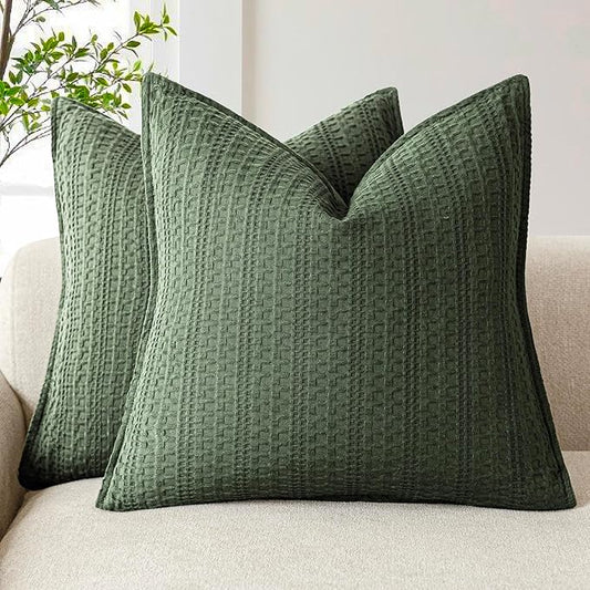 Foindtower Set of 2 Decorative Cotton Waffle Weave Throw Pillow Covers Euro Shams Cushion Covers Accent European Pillowcase for Bed Couch Sofa Bedroom Living Room Home Decor 18×18 Inch Dark Green
