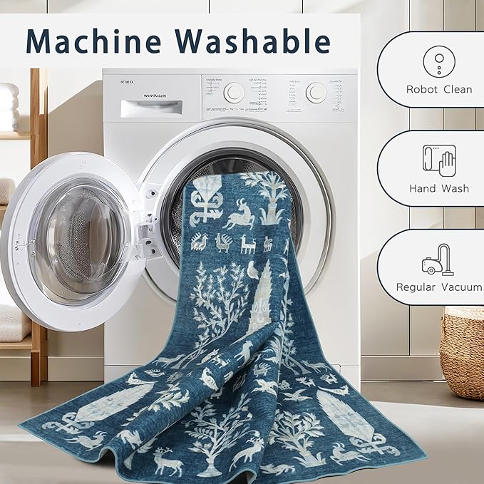 Srugn Washable Rugs 8x10 Area Rugs for Living Room,Bedroom,Dining Room- Large Ultra Soft Faux Wool Retro Carpet,Non Slip&Non-Shedding Low Pile Vintage Print Rug for Home Office Dorm Playroom-Blue