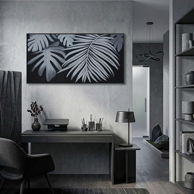 Large Black and White Botanical Wall Art - Modern Abstract Canvas Plant Pictures for Living Room, Framed Minimalist Artwork, Neutral Nature Wall Paintings for Bedroom Decor 20×40In
