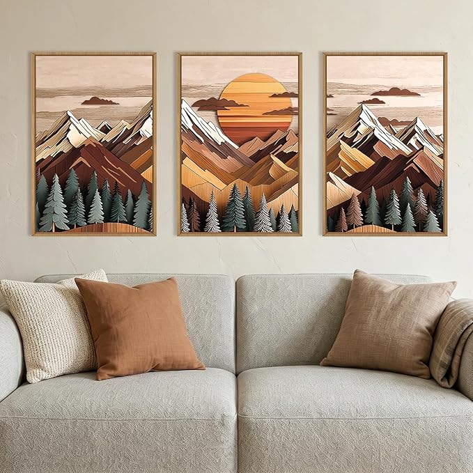 KAIRNE Woodcut Style Mountain Framed Canvas Wall Art Set,Wooden Pine Tree Wall Decor,Vintage Forest Landscape Art Prints,Nature Sunrise Artwork for Living Room,Bedroom,Farmhouse,Office-16 x24 x3