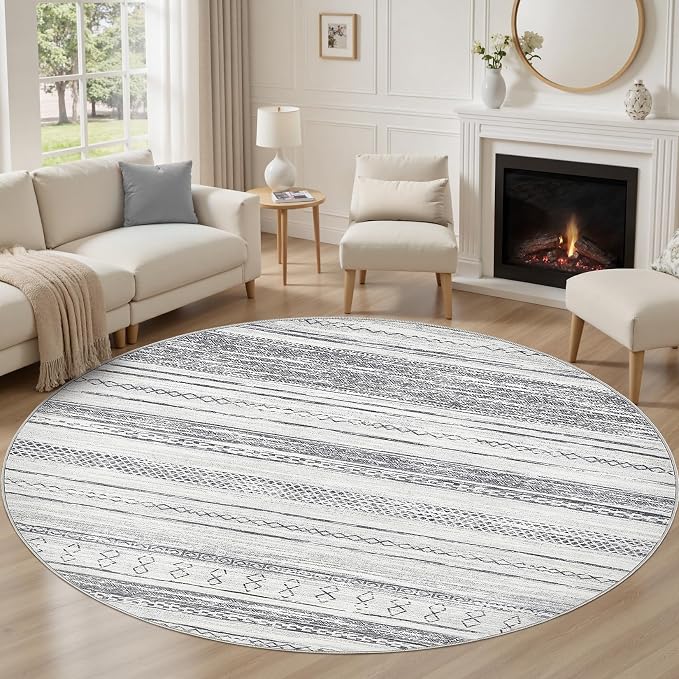 Tortania 6' Round Area Rug Living Room Rugs - Washable Large Soft Neutral Boho Moroccan Bohemian Farmhouse Rug Indoor Floor Carpet for Bedroom Under Dining Table Home Office Decor - Grey
