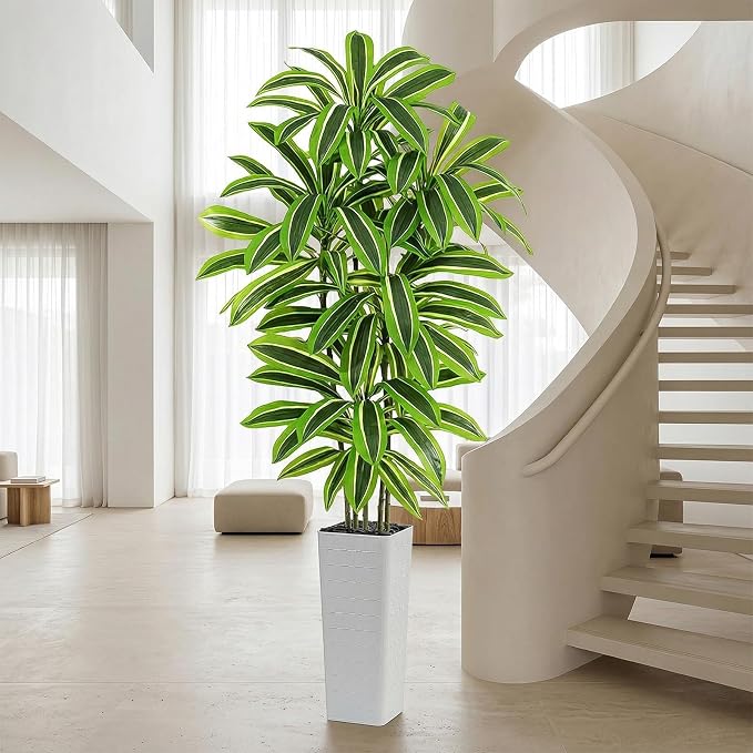Artificial Yellow Dracaena Tree - 7FT Tall Fake Plants with White Tall Planter - Artificial Plants Indoor Floor Plant in Pot - Large Tropical Fake Yucca Potted Tree for Home Office Living Room Decor