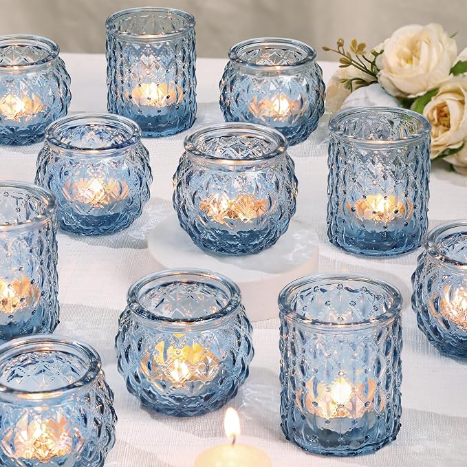 DARJEN Blue Votive Candle Holders Set of 24- Round Candle Holders Bulk, Glass Candle Holder for Vintage Decoration, Tea Lights Candle Holders for Wedding Shower, Party & Gift