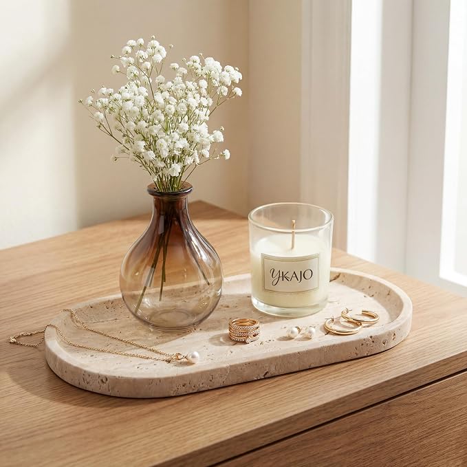 YKAJO Natural Travertine Beige Oval Marble Tray, 11.8x5.9 Vanity Organizer | Honed natural stone; jewelry & trinket dish, ring & key holder, soap & candle catchall; bath counter, dresser, coffee table