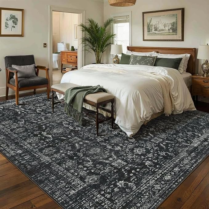 Rugxara 8x10 Area Rugs for Living Room Bedroom, Large Washable Rug, Black Vintage Floral Boho Rug, Non Slip & Low Pile Faux Wool Thin Carpet for Indoor Dining Room and Kids Room(Black 8x10ft)
