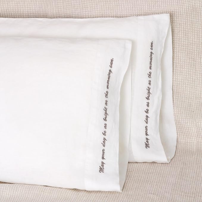 Linen Pillow Cases with Embroidery Design,20"x40" King Size Set of 2,100% French Flax Soft Handmade Linen Pillowcases,White Embroidery