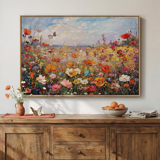 Framed Colorful Floral Botanical Wall Art, Flower Landscape Canvas Prints for Modern Farmhouse, Rustic Natural Wildflower Pictures for Living Room Bedroom Dining Room Office Wall Decor, 24x36 Inch