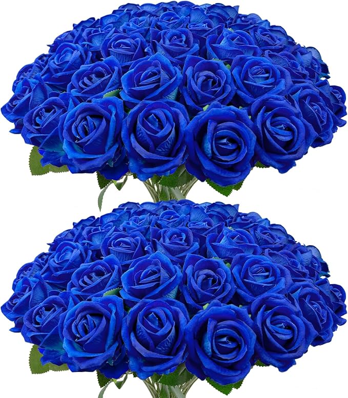 Wondrus Bulk Artificial Flowers 50 PCS, Fake Velvet Silk Blue Roses with Long Stems Realistic Bouquet for Wedding Centerpieces, Faux Arrangement for Home Table Decor