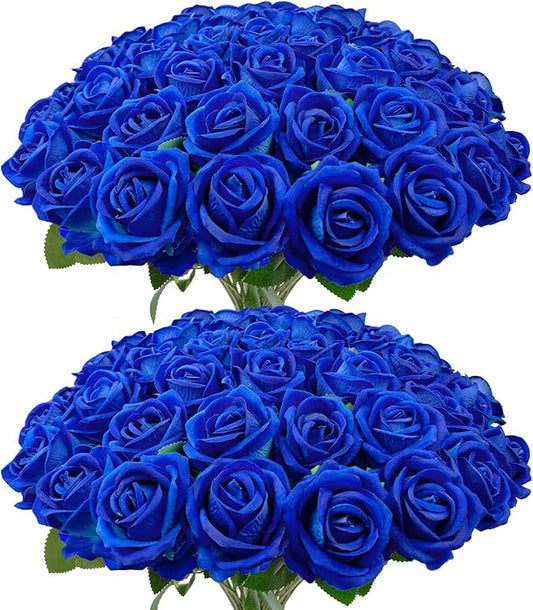Wondrus Bulk Artificial Flowers 50 PCS, Fake Velvet Silk Blue Roses with Long Stems Realistic Bouquet for Wedding Centerpieces, Faux Arrangement for Home Table Decor