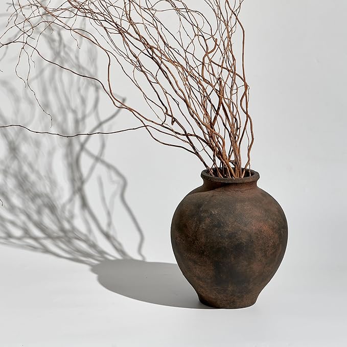 LB2 Brown Ceramic Large Vase, 11.8" Tall Zen Style vase, Terra Cotta Pitcher, Distressed Farmhouse Decor, Pottery Decorative Flower for Home Decor (C - Brown 11")