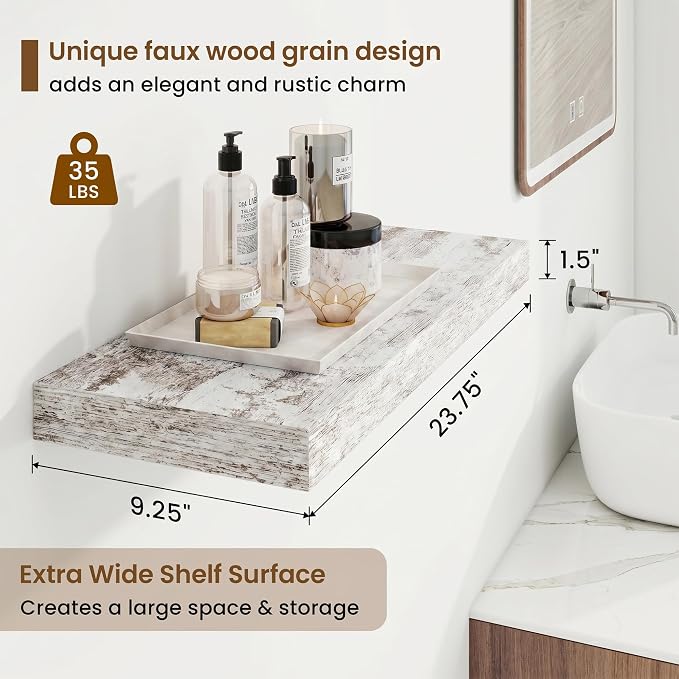 24in Floating Shelves for Wall, 24"W x 9.25"D x 1.25"H, 2 Pack Long Wall Mounted Engineered Wood Shelves with Invisible Brackets for Living Room, Bedroom, Bathroom, Kitchen, Vintage White