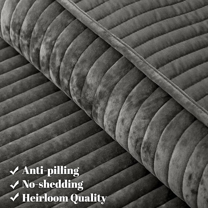 PHF Luxury Velvet Quilt Set Twin Size – 2PCS Ultra Soft Quilted Comforter Alternative with Striped Channel, Cozy Quilted Bedspread, 1 Coverlet with 1 Matching Sham, 68" x 92", Grey