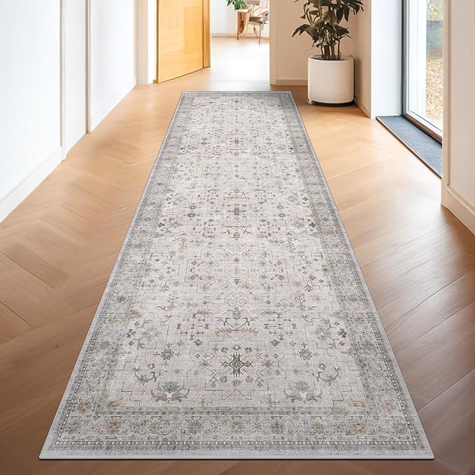 Hazo Haus Light Gray Washable 2'6"x10' Wide Hallway Runners, Kitchen Runner Rug, Non-Slip & Stain Resistant 10ft Long Floor Rug, Neutral Boho Floral Décor