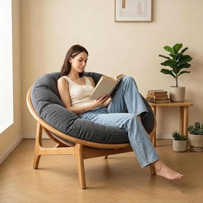Papasan Breathable Round Chair Cushion (Without Chair) with Detachable Corduroy Cover,48 x 48 x 6 Inch Oversized Round Chair Pad Supportive Cushion, Overstuffed Chair Cushion,Memory Foam Filling,Grey