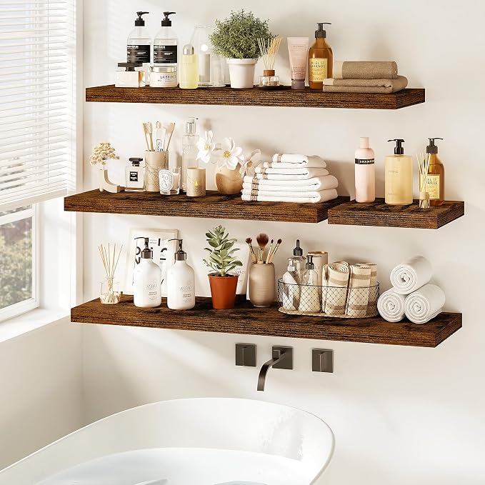 Vivelove Floating Shelves for Wall Mounted, 24 Inch Bathroom Shelves, Display Shelf for Living Room Kitchen Bedroom Office Farmhouse Home Decor, 24" X 9.3" X 1.5" - Set of 2, Rustic Brown