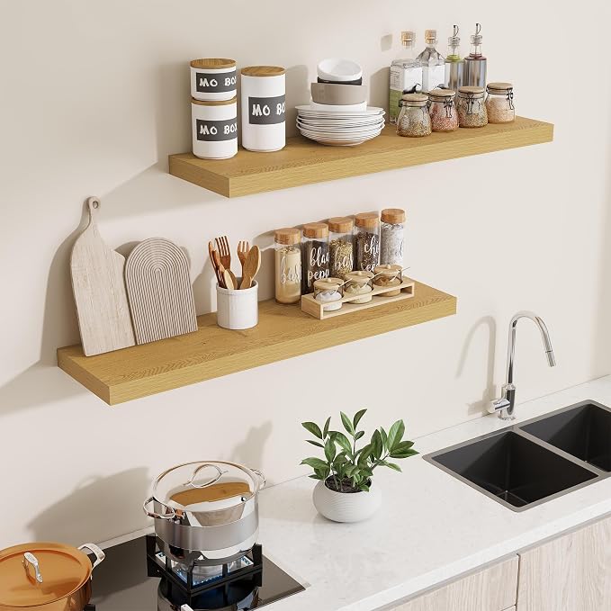 Dreamland 40Inch Floating Shelves 9.3" Deep Wall Mounted Set of 2 Oak | Wall shelves for bathroom, bedroom, Living Room, kitchen, deep wall mount wood storage display for home decor 40" x 9.3"