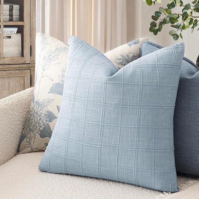Foindtower Set of 2 Decorative Linen Check Throw Pillow Covers Neutral Farmhouse Vintage Cushion Covers Modern Boho Accent Home Decor for Sofa Chair Couch Bedroom Living Room,22×22 Inch,Sky Blue