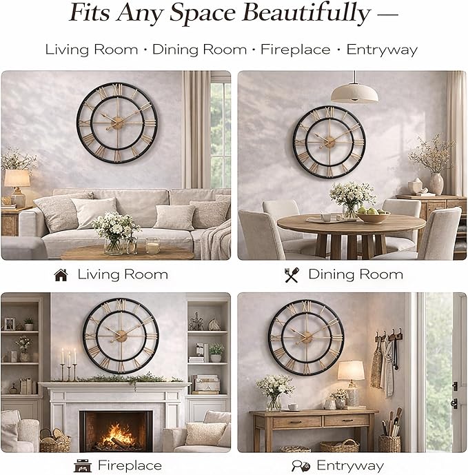 Pytha Sight 24 Inch Large Wall Clocks for Living Room, Farmhouse Roman Numeral Metal Wall Clock, Silent Non-Ticking Oversized Decorative Wall Clock for Fireplace, Dining Room, Office Decor