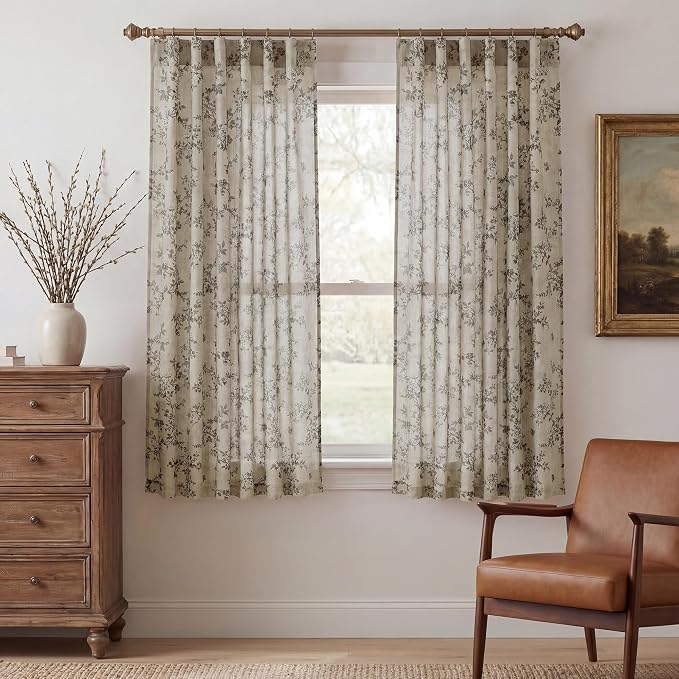 StangH Floral Short Curtains 63 Inches, Vintage French Country Linen Textured Drapes, Light Filtering Elegant Butterfly Pattern Decor for Bedroom, Porcelain, W52 x L63, 2 Panels