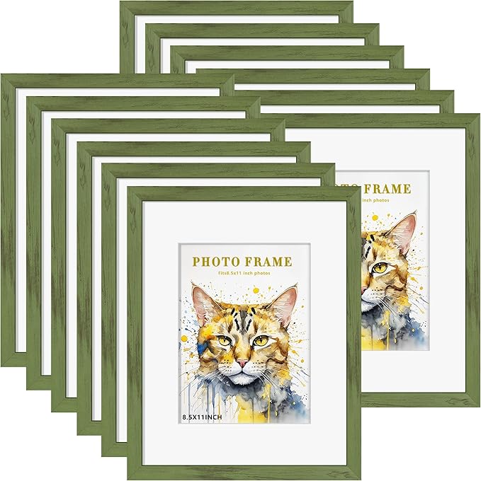 Picrit 8.5x11 Picture Frame Set of 12, Display 6x8 with Mat or 8.5 x 11 without Mat, Photo Frames for Wall Mounting or Table Top Display, Green Wood Grain