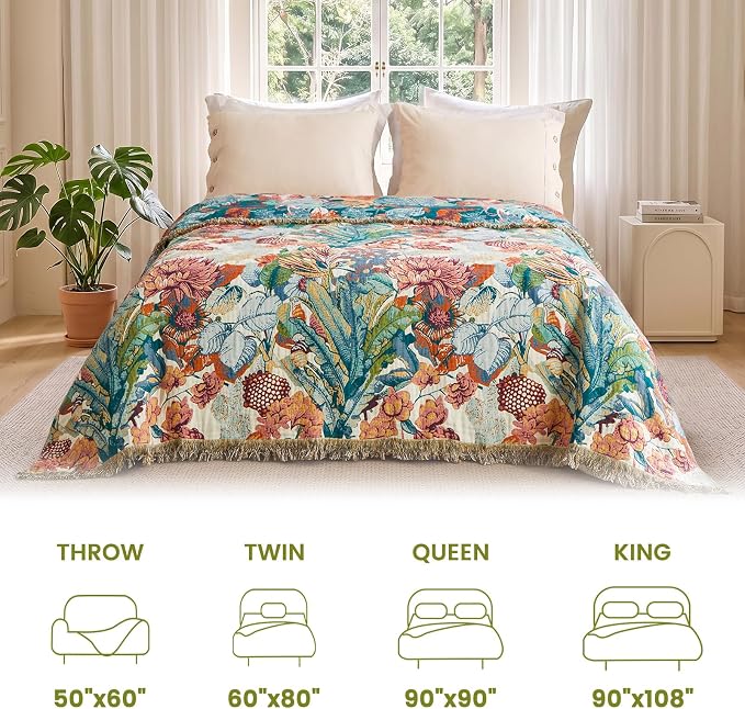 MSGKV Boho Throw Blanket for Bed Couch 100% Cotton Blanket 60"x80" Summer Breathable Farmhouse Lightweight Muslin Blankets Home Decor