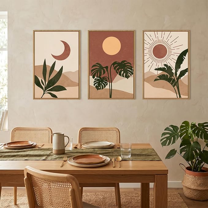 KAIRNE Vintage Sun and Moon Framed Canvas Wall Art Set,Boho Desert Botanical Wall Decor,Abstract Green Terracotta Art Prints,Retro Minimalist Artwork for Living Room,Bedroom,Farmhouse,Office-16"x24"x3