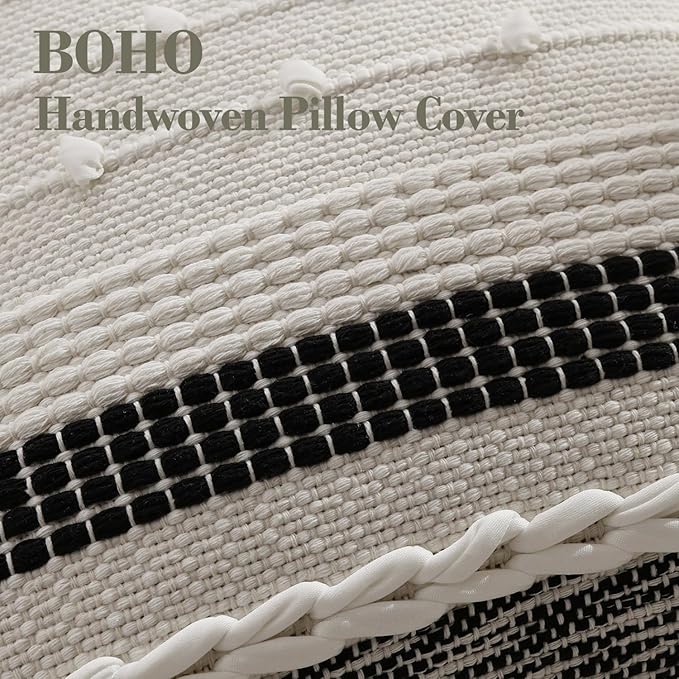 DEZENE Boho Pillow Cover 18x18 Black - Handmade Woven Textured Throw Pillow Case with Cordings & Tassels, Decorative Accent for Couch Sofa Bed Farmhouse Living Room Bedroom Home Decor