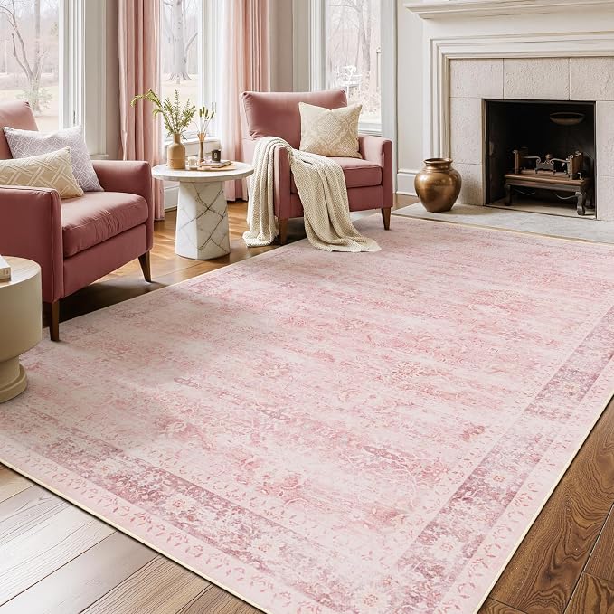 Pink Rug for Living Room 6x9, Aesthetic Distressed Area Rugs for Bedroom Girls Non Slip, Washable Low Pile Thin Carpet Rugs for Nursery Kids Baby Room Dorm, Playroom Rug Dining Room