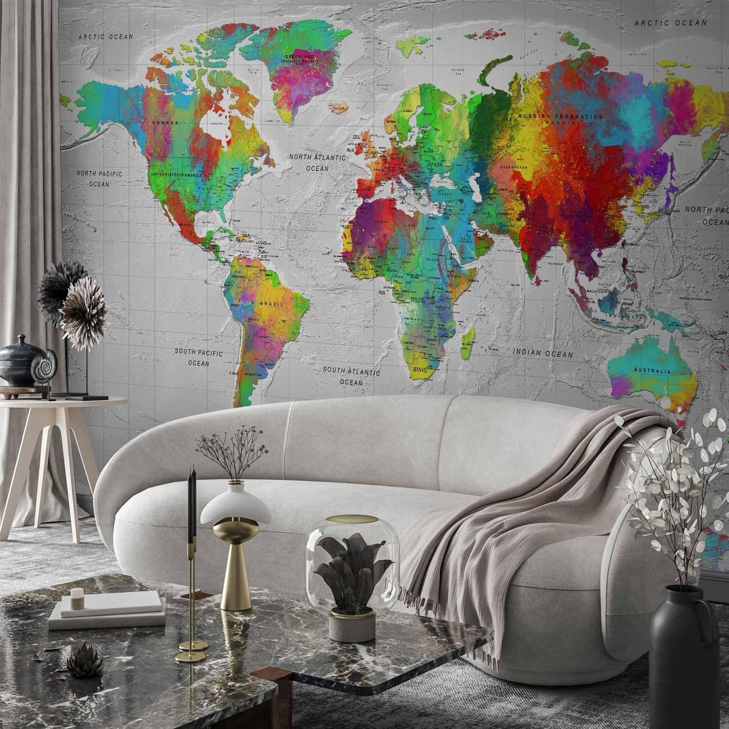 artgeist Premium Wall Mural World Map 177x124 in - XXL Non-Woven Wallpaper Fleece Wall Decor Photo Print Picture Image Design Home Map of The World k-A-0128-a-a