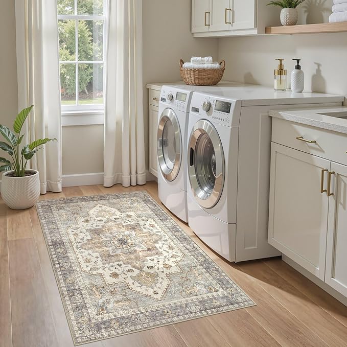 Tortania Area Rug Living Room Rugs - 3x5 Washable Rug Vintage Oriental Distressed Farmhouse Small Thin Indoor Carpet for Living Room Bedroom Under Dining Table Home Office - Greige