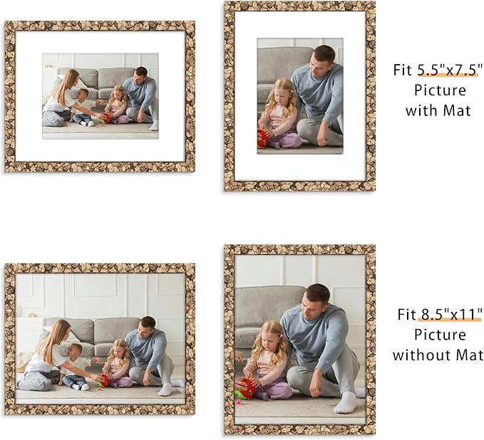 Picrit 8.5x11 Farmhouse Stone Spotted Picture Frame Set of 12, Display 6x8 with Mat or 8.5 x 11 without Mat, Country Photo Frames for Wall Mounting or Table Top Display, Rustic Brown