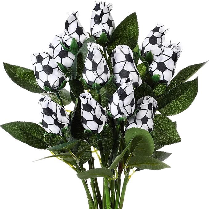 Suhine 12 Pcs Artificial Soccer Rose Flowers Sports Party Favors Bulk for Birthday Graduation Wedding Party Decorations Table Centerpieces Mom Fans Team Coach Senior Night Gift (Soccer Color, Normal)