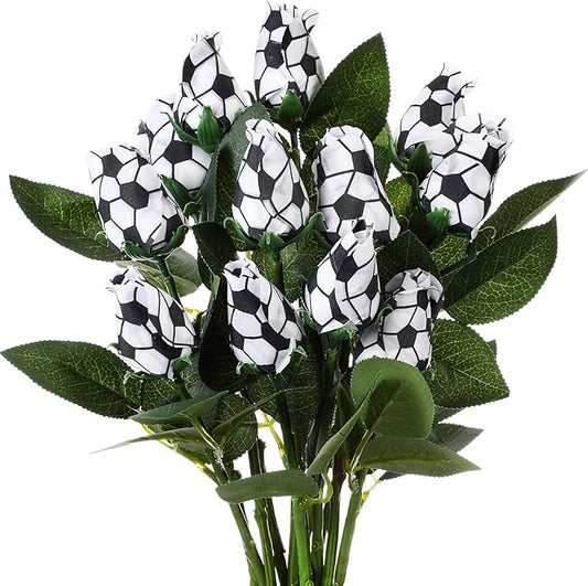 Suhine 12 Pcs Artificial Soccer Rose Flowers Sports Party Favors Bulk for Birthday Graduation Wedding Party Decorations Table Centerpieces Mom Fans Team Coach Senior Night Gift (Soccer Color, Normal)