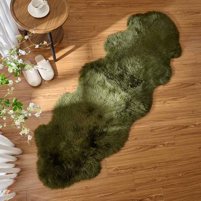 Premium Genuine Sheepskin Area Ruge - Real Wool Fur Shaggy Carpet | Fluffy Soft Natural Lambskin Rug Seat Chair Covers for Couch Sofa Bedroom Living Room(Dark Green,2×6 Feet Sheepskin)