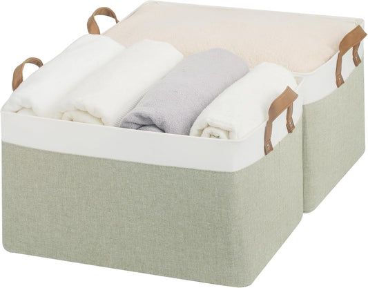 StorageWorks Storage Bins, Fabric Storage Bins for Shelves, Extra Large Storage Baskets with Metal Frame, Closet Baskets and Bins with Handles, Jumbo, Green and White, 2-Pack