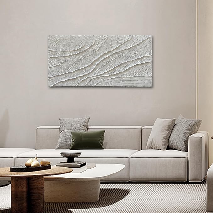 NANKAI Art Hand-Painted 24x48-inch White Texture Art Oil Painting, Modern Abstract Art, Large-Scale Home Wall Decoration
