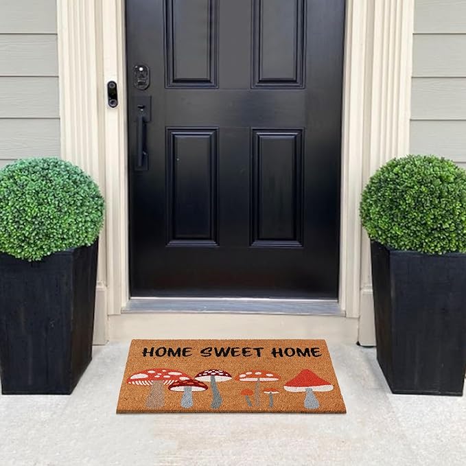 A1HC Natural Coco Coir Door Mat Home Sweet Home Mushroom Doormat with Heavy Duty Non-Slip PVC Backing - 18" x 30" - Easy to Clean, Welcome Mat for Home, Porch Decor Doormat