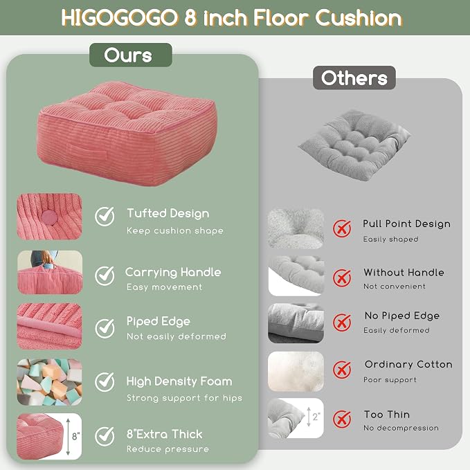HIGOGOGO 8" Extra Thick Floor Pillow Cushion for Adults, Meditation Cushion Pillow, Large Square Floor Sitting, Tufted Corduroy Cover, for Tatami Living Room or Yoga, 22x22 Inch, 2Pack, Pink