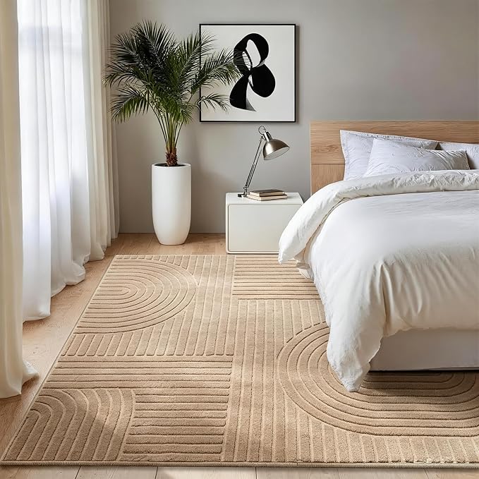 Brown Geometric 5x7 Solid Area Rug, Washable for Living Room Bedroom | Ultra Soft Thick Boho High-Low Pile Texture Indoor Carpet, Fluffy, Non-Slip Rugs for Bedroom, Kids Room, Nursery, Home Office