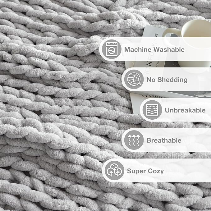 Soft Chunky Knit Blanket, 40X50 Inch Handmade Thick Chenille Yarn Throw Without Shedding & Raveling, Aesthetic & Cozy Home Decor with Couch Sofa Bed, Gift Pack, Light Grey