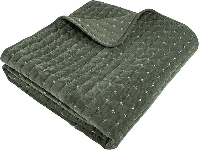 Levtex Home - Velvet Stitch - Throw - Cross Stitch Velvet - Green with White - Quilt (50x60in.) and Sham 50x60in. - Polyester
