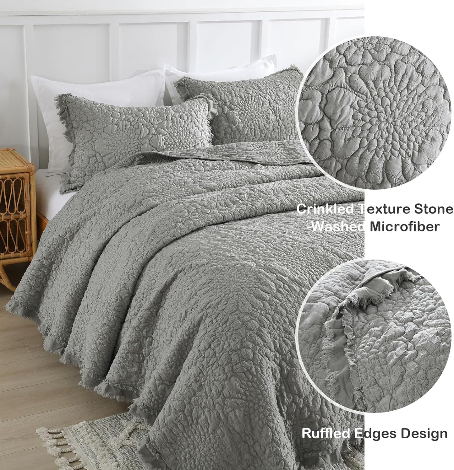 HORIMOTE HOME Dark Grey Ruffled Quilt Queen Size, Stone-Washed Microfiber Lightweight Crinkled Farmhouse Rustic Shabby Chic Bedding Set, 3 Pieces Reversible Bedspread with Pillow Shams for All Season