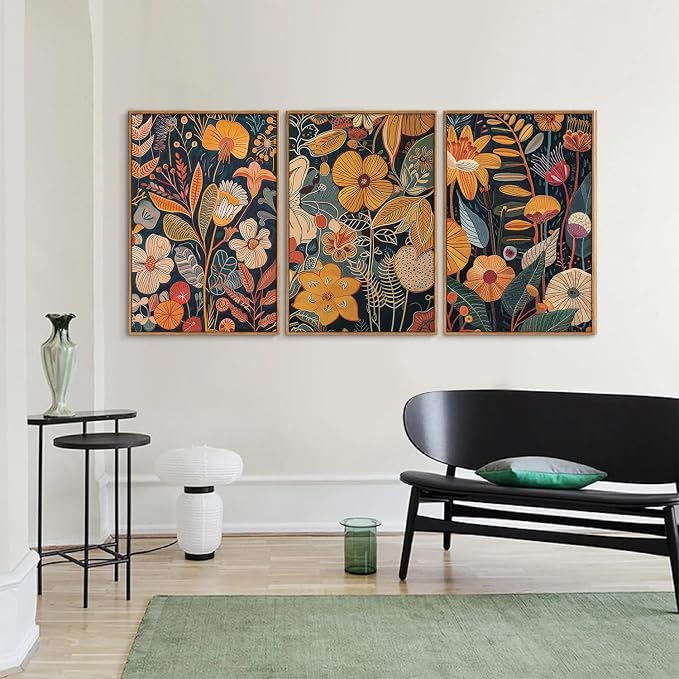 SIGNINART Orange Floral Framed Canvas Wall Art Set of 3, Mid Century Modern Flower Wall Decor, Neutral Plant Artwork, Boho Botanical Art Prints for Bedroom Living Room Office 24"x36"x3