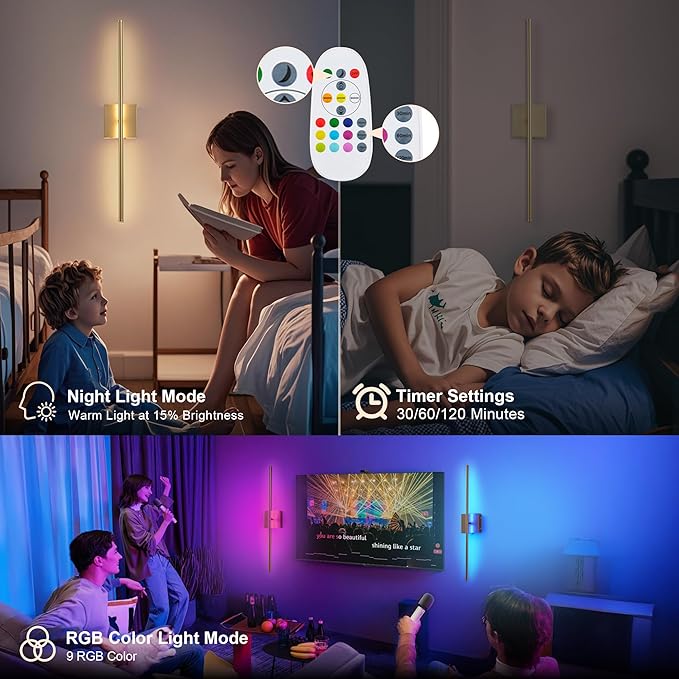 KARTOOSH 28.3 Inch Battery Operated Wall Sconces Wireless Set of 2, Gold | RGB Wall Lamps, 3 Color Temps, Remote Control, Dimmable Rotatable, LED Wall Lights for Living Room Bedroom