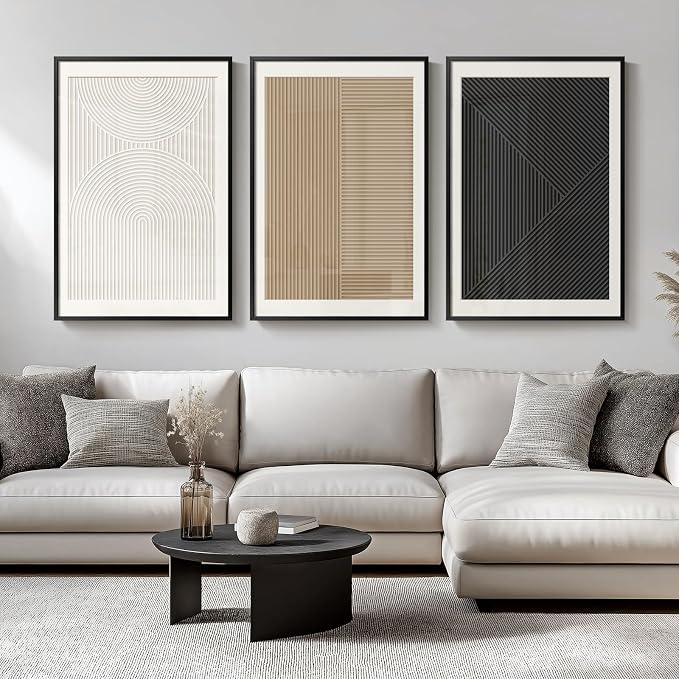 Large Framed Abstract Modern Wall Art for Living Room, 3 Piece Black and White Neutral Canvas Artwork for Walls, Boho Minimalist Pictures Paintings Prints for Dining Room Office Decor, 24x36 Inch