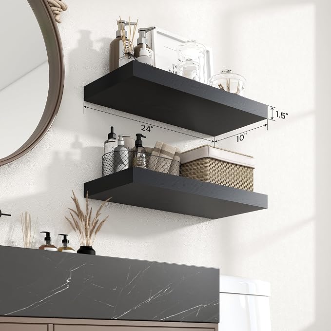 Axeman 24Inch Floating Shelves for Wall, 2 Pack Shelves for Bedroom, Bathroom, Kitchen, Hanging Wall Mounted Rustic Wood Shelf with Invisible Brackets for Books Decor, Black