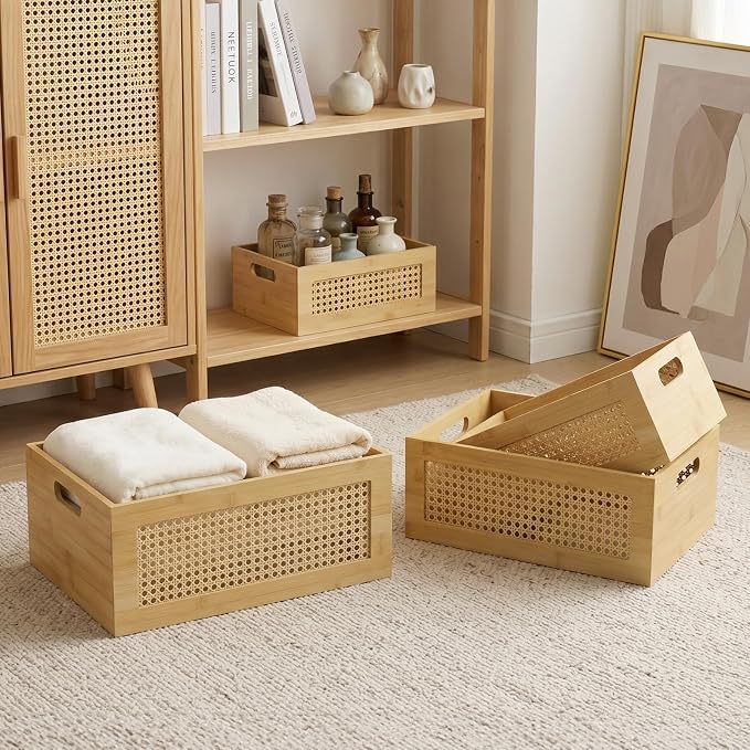 Wooden Storage Basket Set of 4 Handmade Rattan Drawer Storage Box with Frame & Handles Decorative Natural Bamboo Woven Bins Rustic Farmhouse Decor Home Office Tabletop Shelf Organizer, Natural